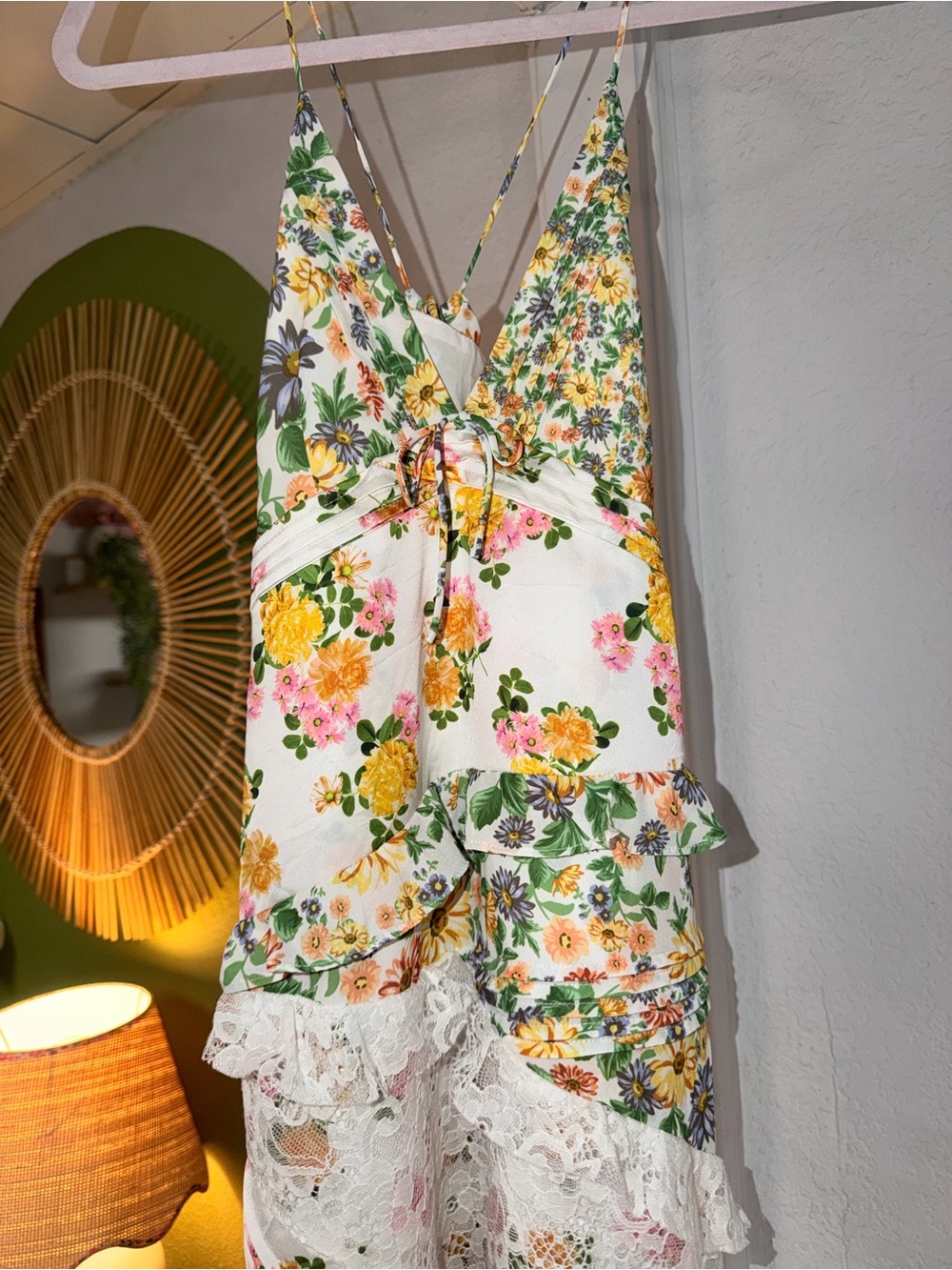 For Love & Lemons white floral lace maxi dress with yellow, pink&green accents